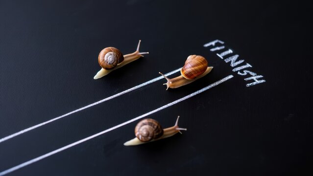 Three snails racing towards a finish line on a black background, slow competition metaphor, determination and perseverance concept, unusual snail race, whimsical animal race scene