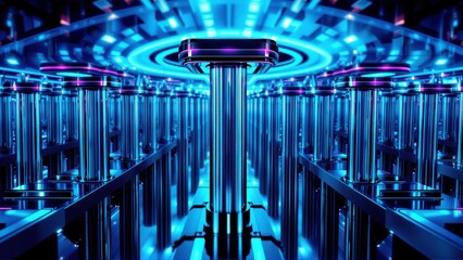 Fototapeta premium Futuristic corridor. Blue neon lights illuminate symmetrical pillars creating infinite reflections. Dark background emphasizes glowing structure.