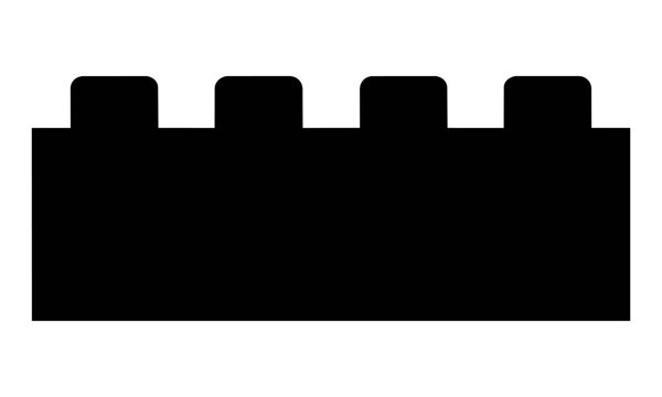 Minimalist black silhouette of a toy building brick with six studs on a white background isolated design element