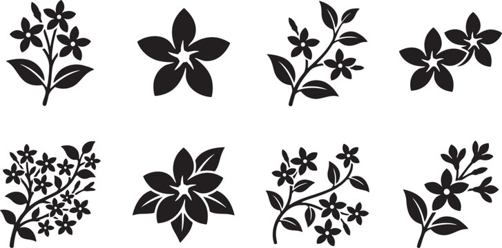 Various stylized five petal flower and star jasmine silhouettes set