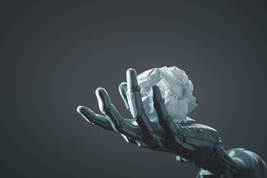 Futuristic concept of a robotic hand holding a crumpled paper ball, symbolizing artificial intelligence, problem solving, creativity, discarded ideas, innovation process and thinking in automation.