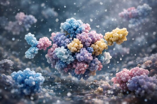 Multicolored cellular structures, including macromolecules and antibodies, binding and interacting within a dynamic microscopic environment showing complex biological processes