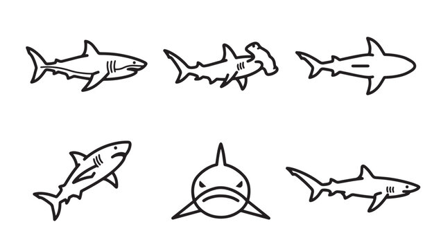 Set of black and white shark icons in various poses including swimming and hammerhead species with predator wildlife swimming predatory hammerhead illustration minimalist creature collection