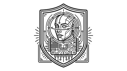 Obraz premium Minimalist black and white vector illustration of a futuristic robotic human face integrated within a protective digital security shield emblem