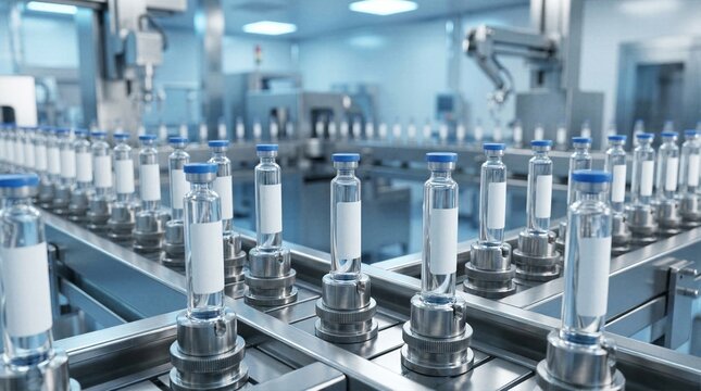 Automated conveyor belt carrying glass vials with blue caps and blank labels in pharma factory