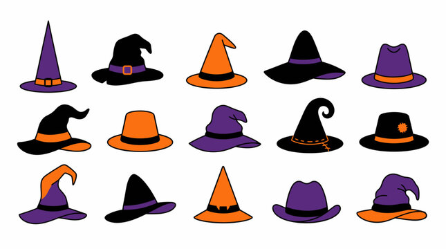 Halloween witch hats in purple black and orange