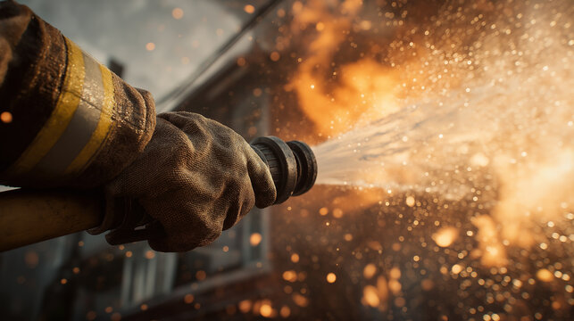 Firefighter holding hose spraying water at burning house, Firefighter extinguishing a strong flame with water from a fire hose close-up, generative ai