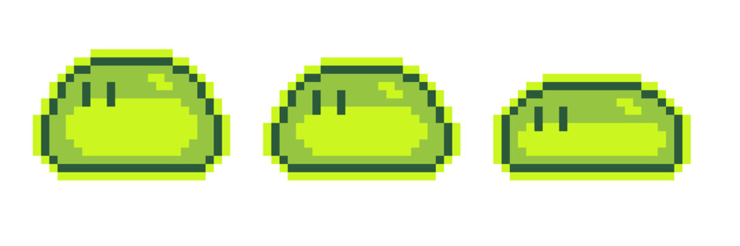 Pixel art green and blue slime monster sprite sheet for 2D games. Cute retro 8-bit animated blob enemy asset.