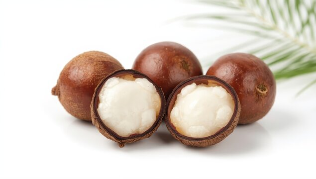 New water chestnuts, spherical brown corms with crunchy white interior, set against a clean white background.