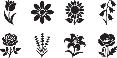 Fototapeta premium Popular flower varieties including rose sunflower and lavender silhouette