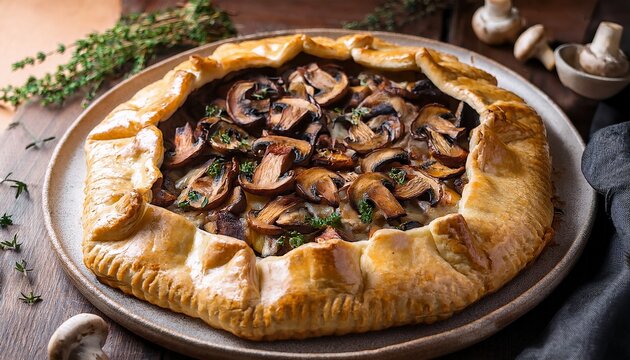 a rustic mushroom galette baked to golden perfection the flaky crust contrasts beautifully with the earthy mushrooms and thyme