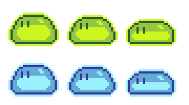 Pixel art green and blue slime monster sprite sheet for 2D games. Cute retro 8-bit animated blob enemy asset.