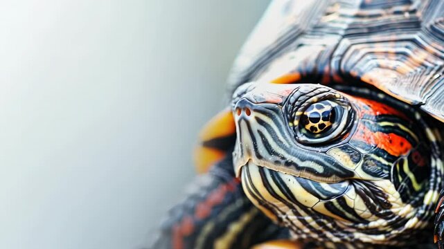 Close-up portrait of a colorful painted turtle with detailed patterned shell and vibrant facial markings, macro wildlife photography