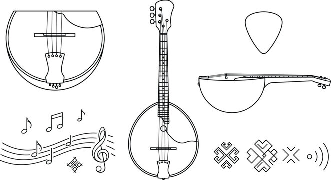 Traditional Folk Domra Musical Instrument Vector Icon Set Elements In Line Art
