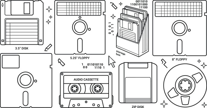 Retro Retro Computing Media Floppy Disk And Audio Cassette Vector Set Line Art