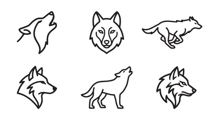 Naklejka premium Set of wolf line art icons showcasing various poses including running and howling with wildlife standing portrait illustration collection minimalist monochrome predator