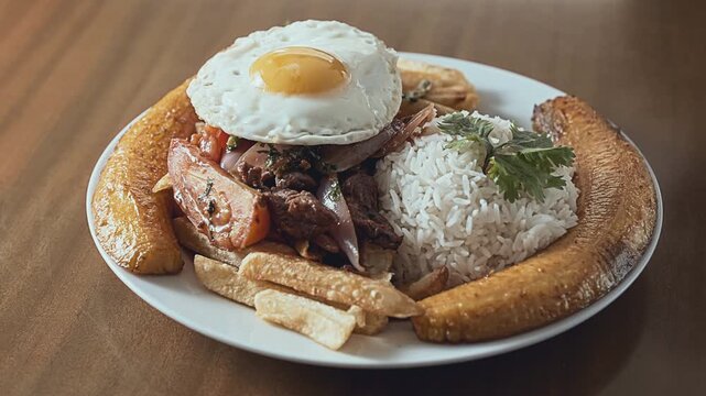 Peruvian Lomo Saltado Dish with Beef Fries, plantains and Rice