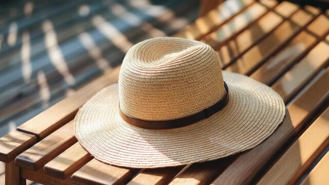 Straw sun hat resting on a wooden slatted bench in dappled sunlight, warm summer outdoor scene suggesting relaxation and leisure