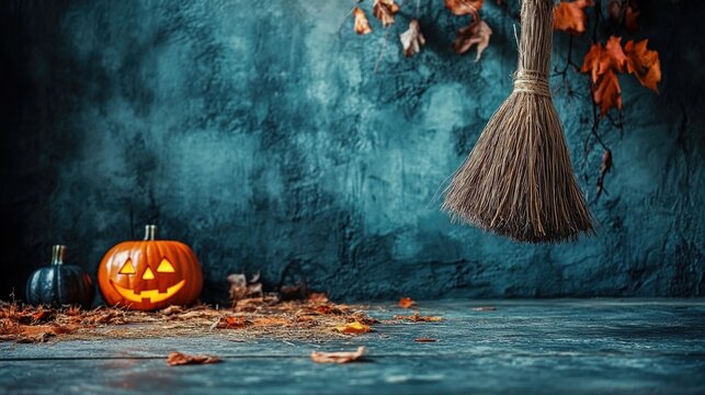 Fabulous Night forest and magic candles. mysterious fairy scene. Witchcraft ritual with jack-on-lantern pumpkin, broom .
