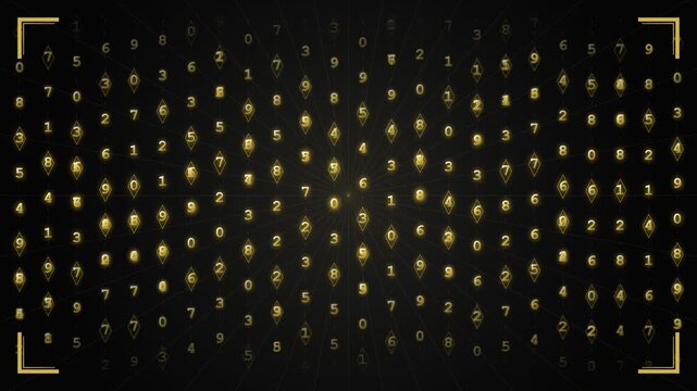 Digital gold number grid abstract animation with glowing geometric frame