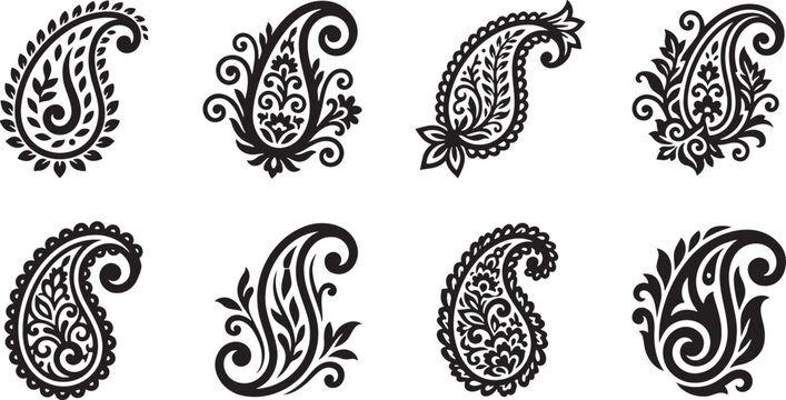 Traditional paisley teardrop motifs with internal floral details silhouette