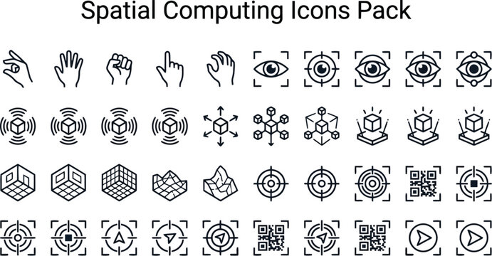 Comprehensive set of spatial computing vector icons showcasing hand gestures eye tracking cube structures and various digital navigation target symbols