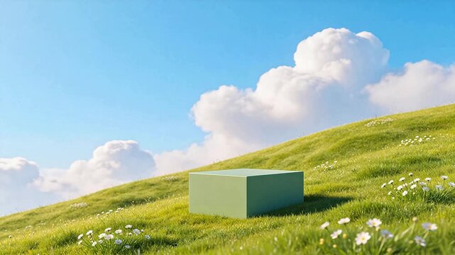 Green cube on grassy hill