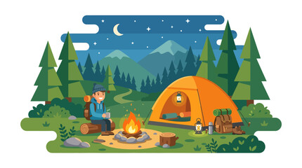 Camping scene with an orange tent, campfire, pine trees, stars, and mountains, perfect for outdoor, adventure, and travel themes. © Luqman