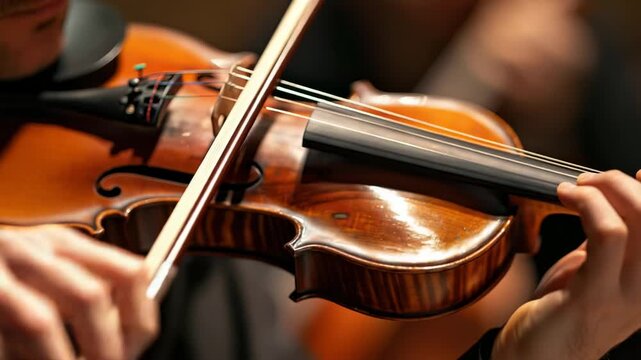 Close-up of hands expertly bowing a polished wooden violin in warm concert lighting, conveying classical music performance and intimate instrumental technique