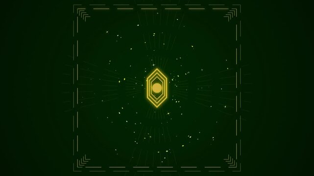 Golden geometric emblem with digital particles in dark green background