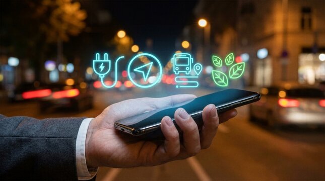 Hand holding mobile device projecting green mobility navigation and electric public transport icons against blurred city night traffic background.