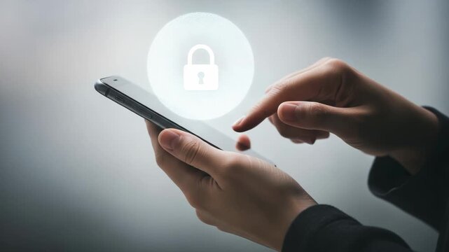 Person interacting with a smartphone displaying a digital padlock icon