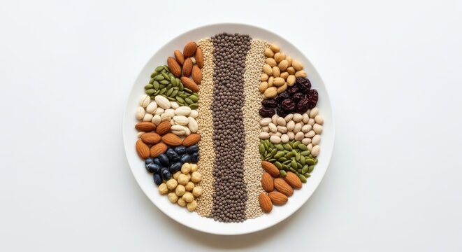 Assorted raw legumes and beans arranged in a round plate on a flat surface