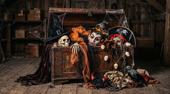 Creepy antique chest overflowing with Halloween decorations and spooky items