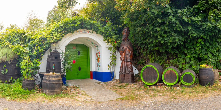 Traditional Moravian painted wine cellar in Petrov Plze, Czech Republic