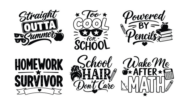 Collection of funny back to school and end of summer textbased quotes with graphics