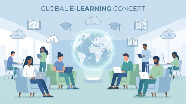 Global E Learning Concept with Students Collaborating in Smart Digital Classroom