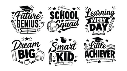 Collection of six inspirational educational phrases with school related icons and hand drawn lettering © MDMOMIN
