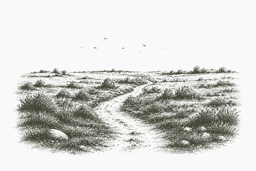 Obraz premium Vintage engraved winding countryside path vector illustration across open grassland in detailed hand drawn etching style for landscape and travel designs