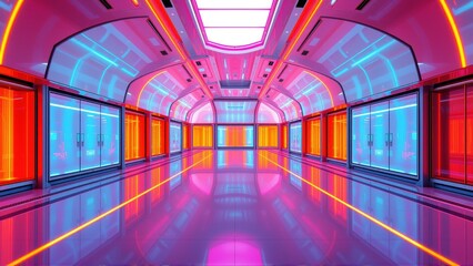 Fototapeta premium Futuristic corridor glows with vibrant neon lights. Reflective floor creates symmetrical perspective, emphasizing depth. Minimalist design.
