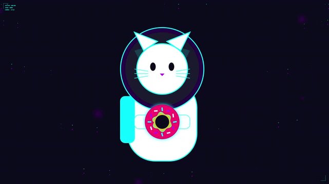 Minimalist illustration of a white cat space explorer with a cosmic helmet and a colorful donut icon on its suit against dark background