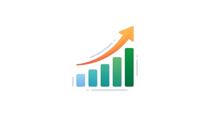 Fototapeta premium Flat vector illustration of a financial bar chart showing steady growth and corporate success. Features ascending vertical bars in a gradient from blue to green, topped with a bold, curved orange arro