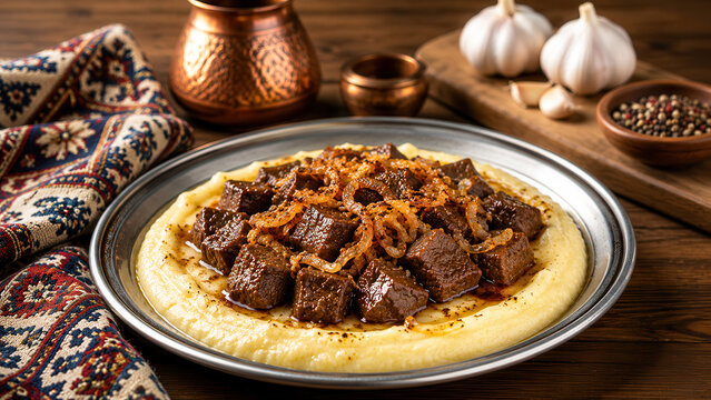 Piatto rustico bosniaco con polenta cremosa carne e cipolle. Generative AI 