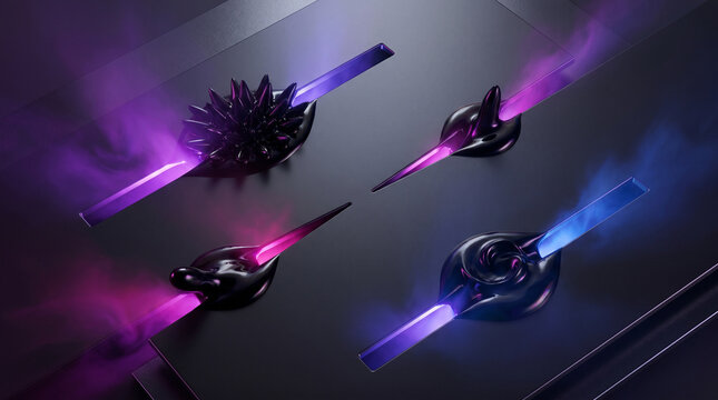Black ferrofluid objects on glowing purple blue laser line rails on dark surface, 3D rendering, isometric view, sci-fi magnetic concept, dark abstract luxury digital wallpaper