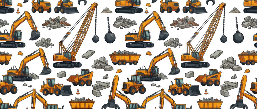 Construction equipment pattern: excavators, loaders, crane, demolition ball, dump truck