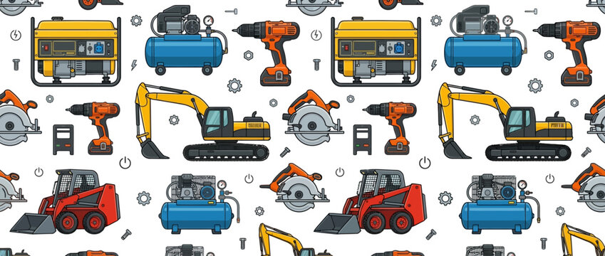 Construction Equipment Pattern: Generators, Diggers, Drills, Compressors, Loaders