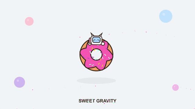 Small Futuristic Robot Floating in Space While Enjoying a Delicious Pink Glazed Donut Snack in a Minimalist Vector Illustration