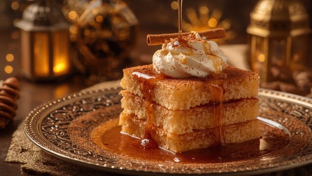 Layered Egyptian sweet featuring semolina cake, kunafa, whipped cream, caramel, cinnamon, and syrup, popular during Ramadan.