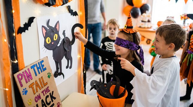 Children playing pin the tail on the black cat Halloween party game
