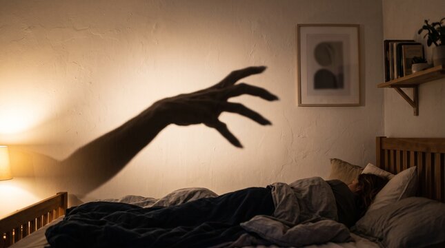 Creepy shadow of a reaching hand looms over a sleeping person in bed